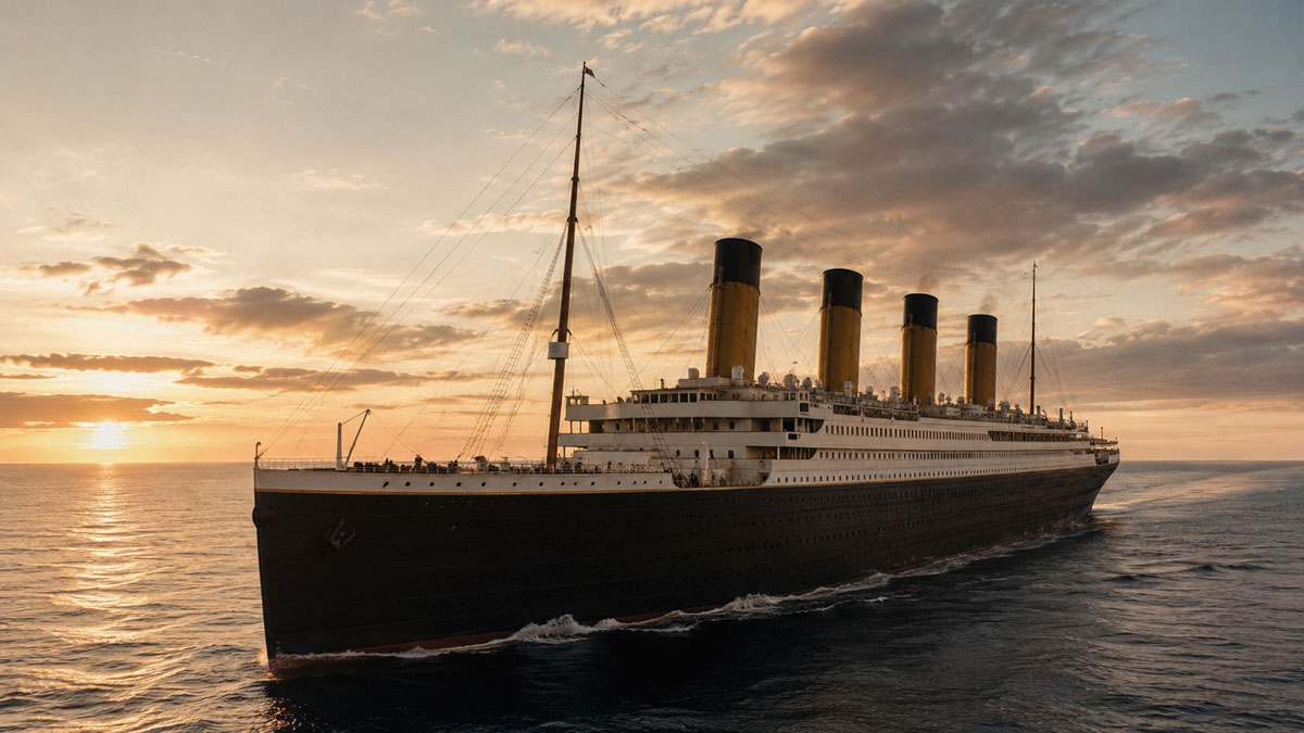 Artistic reconstruction of RMS Titanic sailing at sea in golden-hour light.